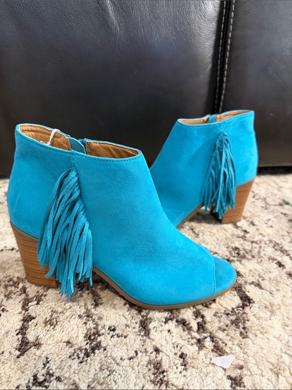 Turquoise Fringe Peep-Toe Ankle Boots - Women's - Picture 1 of 9